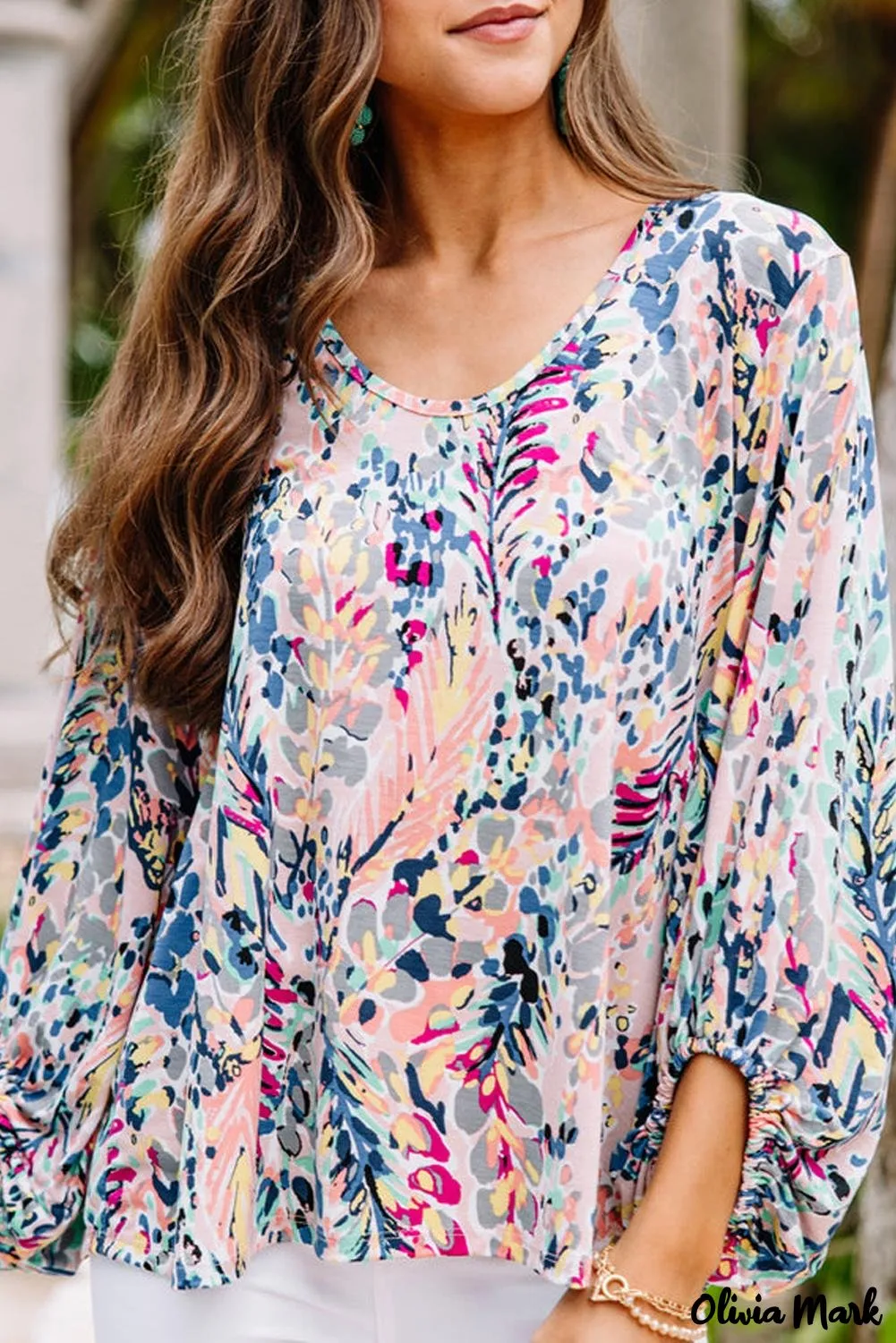 Deanwangkt - Green Floral Print Puff Sleeve Loose Blouse