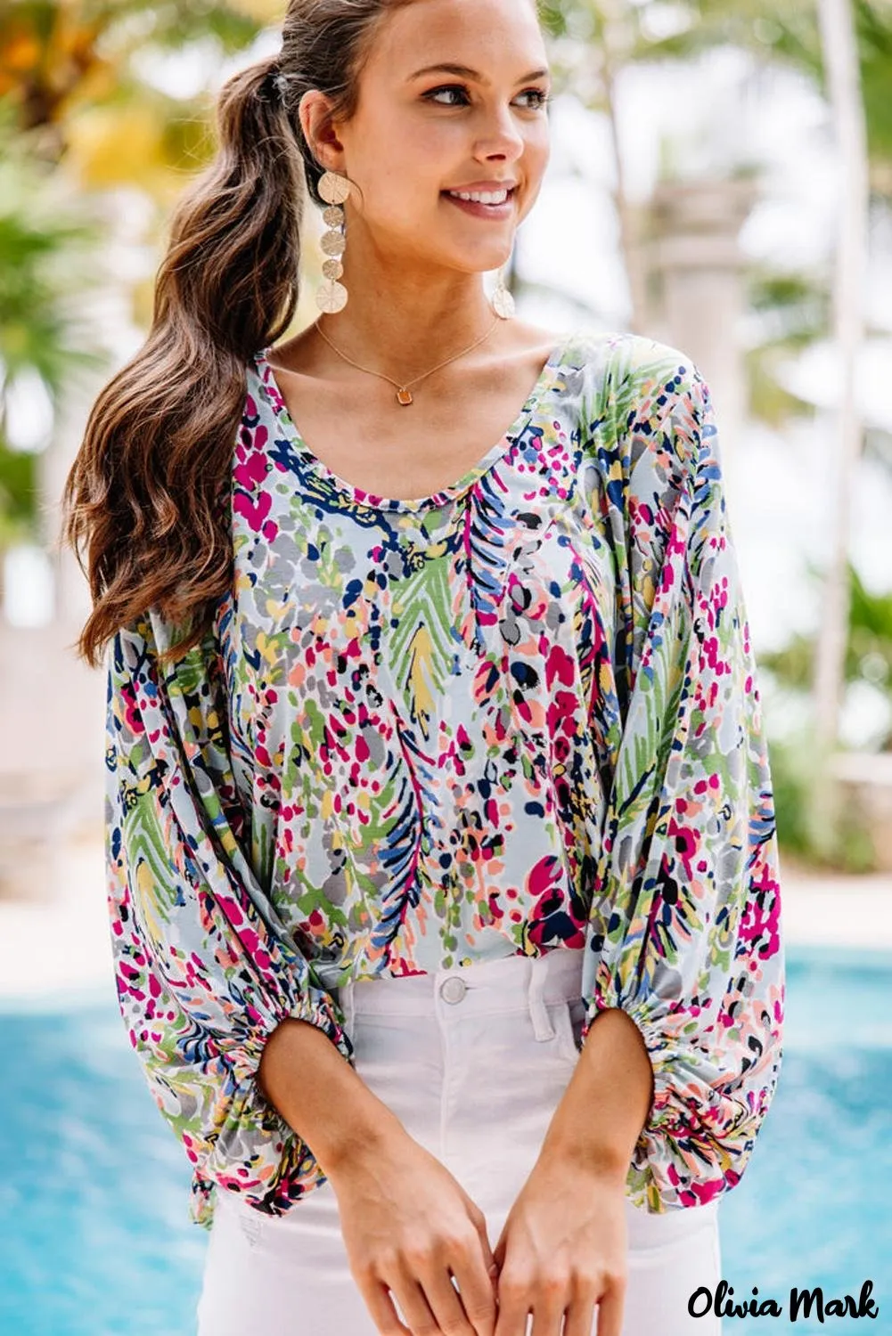Deanwangkt - Green Floral Print Puff Sleeve Loose Blouse