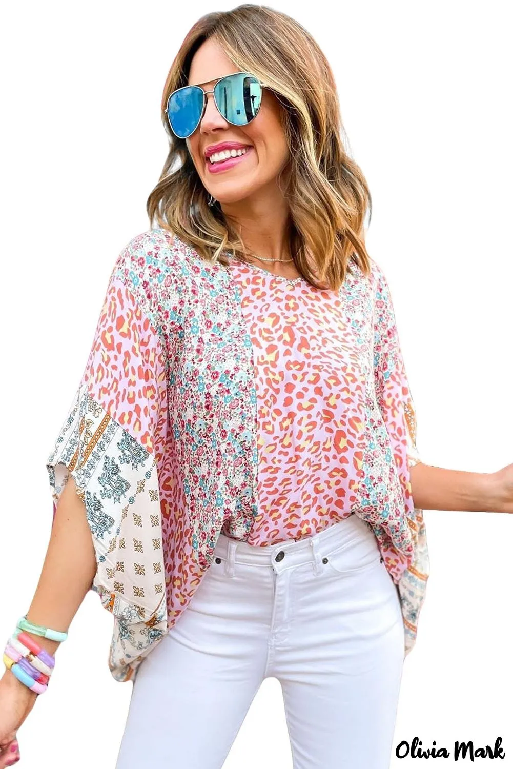Deanwangkt - Multicolor Mixed Floral Animal Print Cape Top