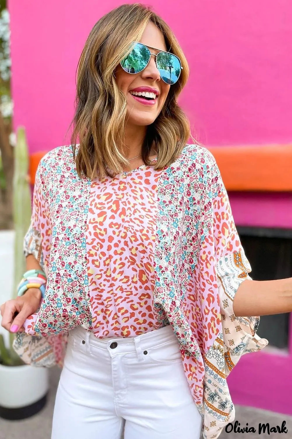 Deanwangkt - Multicolor Mixed Floral Animal Print Cape Top