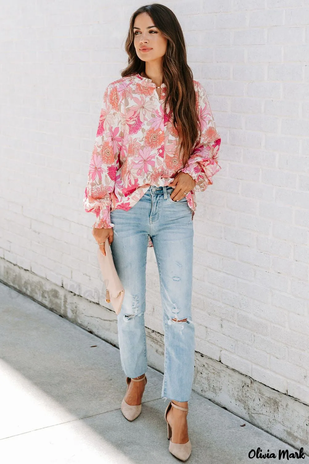 Deanwangkt - Pink floral blouse with balloon sleeves