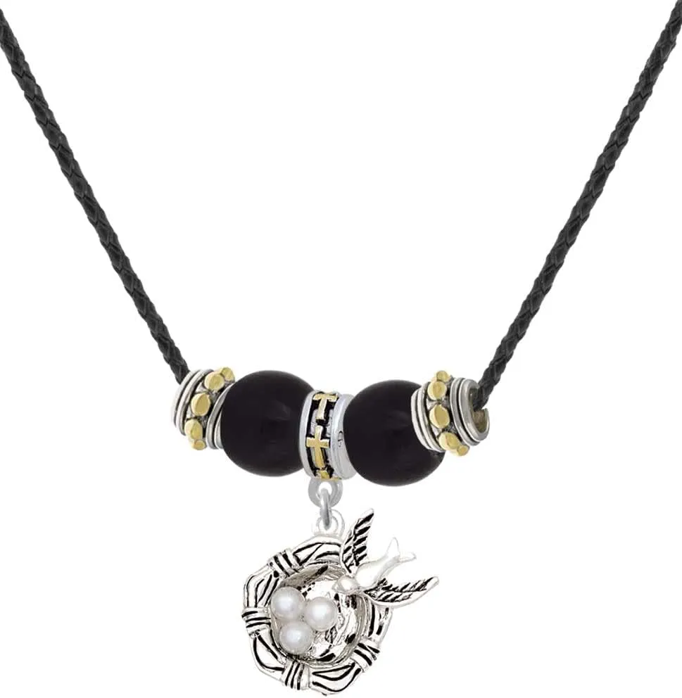 Delight Jewelry Silvertone Birds Nest with Imitation Pearl Eggs - Two-tone Cross Black Beaded Necklace, 18" 2"