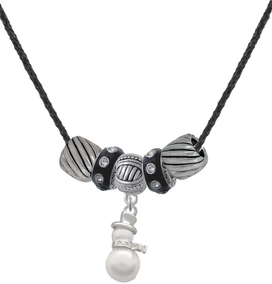 Delight Jewelry Silvertone Imitation Pearl Snowman Black Beaded Necklace, 18" 2"