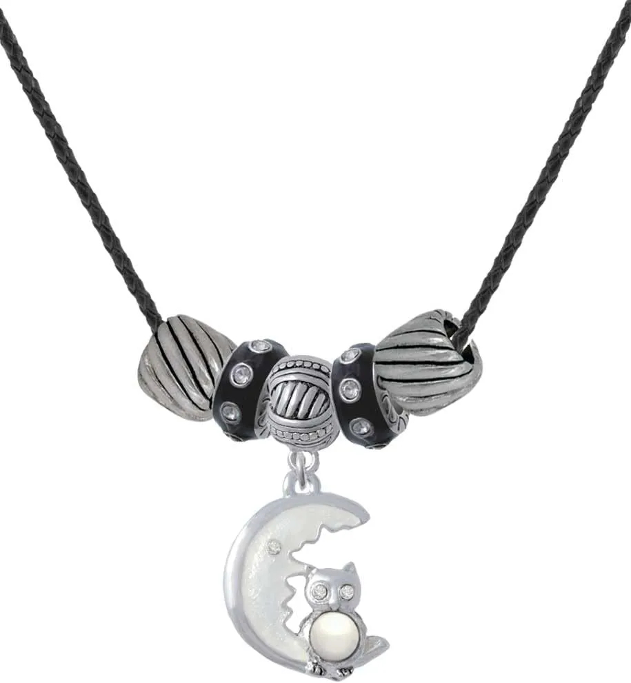 Delight Jewelry Silvertone Large Imitation Pearl Owl Sitting on White Moon Black Beaded Necklace, 18" 2"