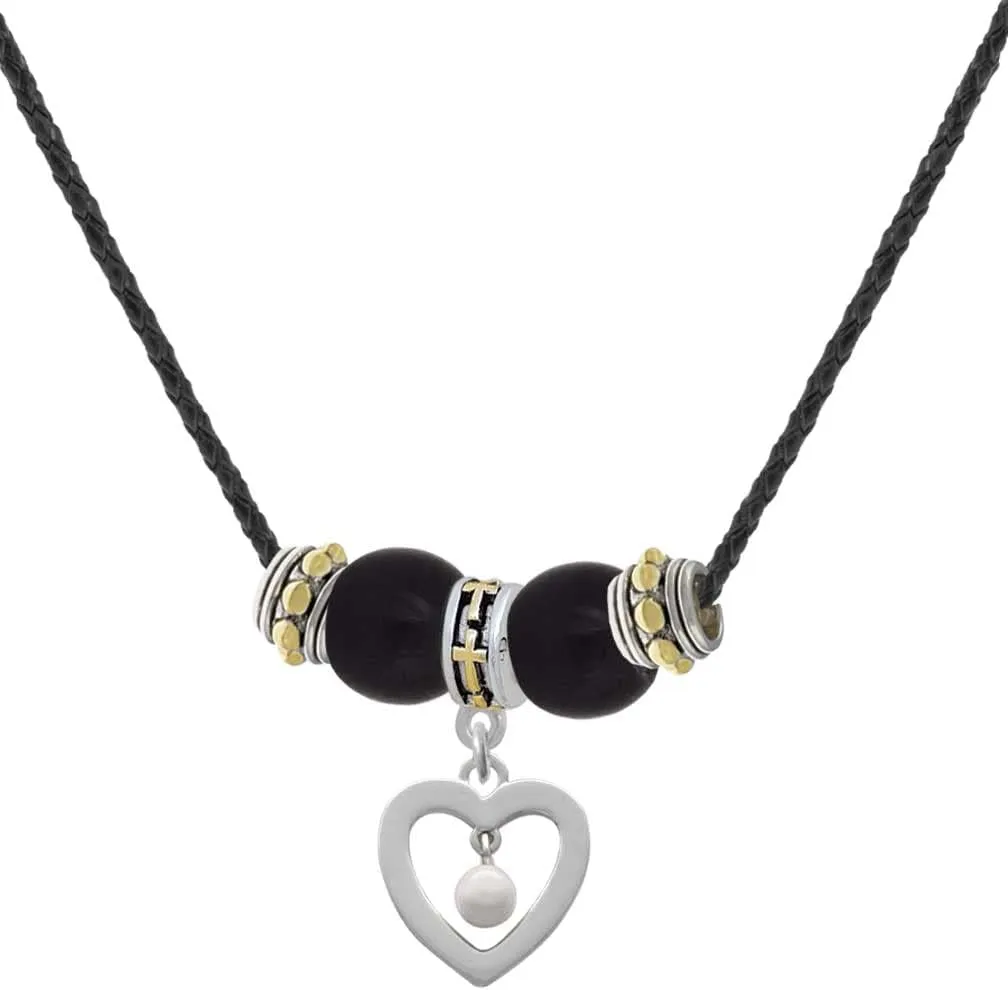 Delight Jewelry Silvertone Open heart with Imitation Pearl Drop - Two-tone Cross Black Beaded Necklace, 18" 2"