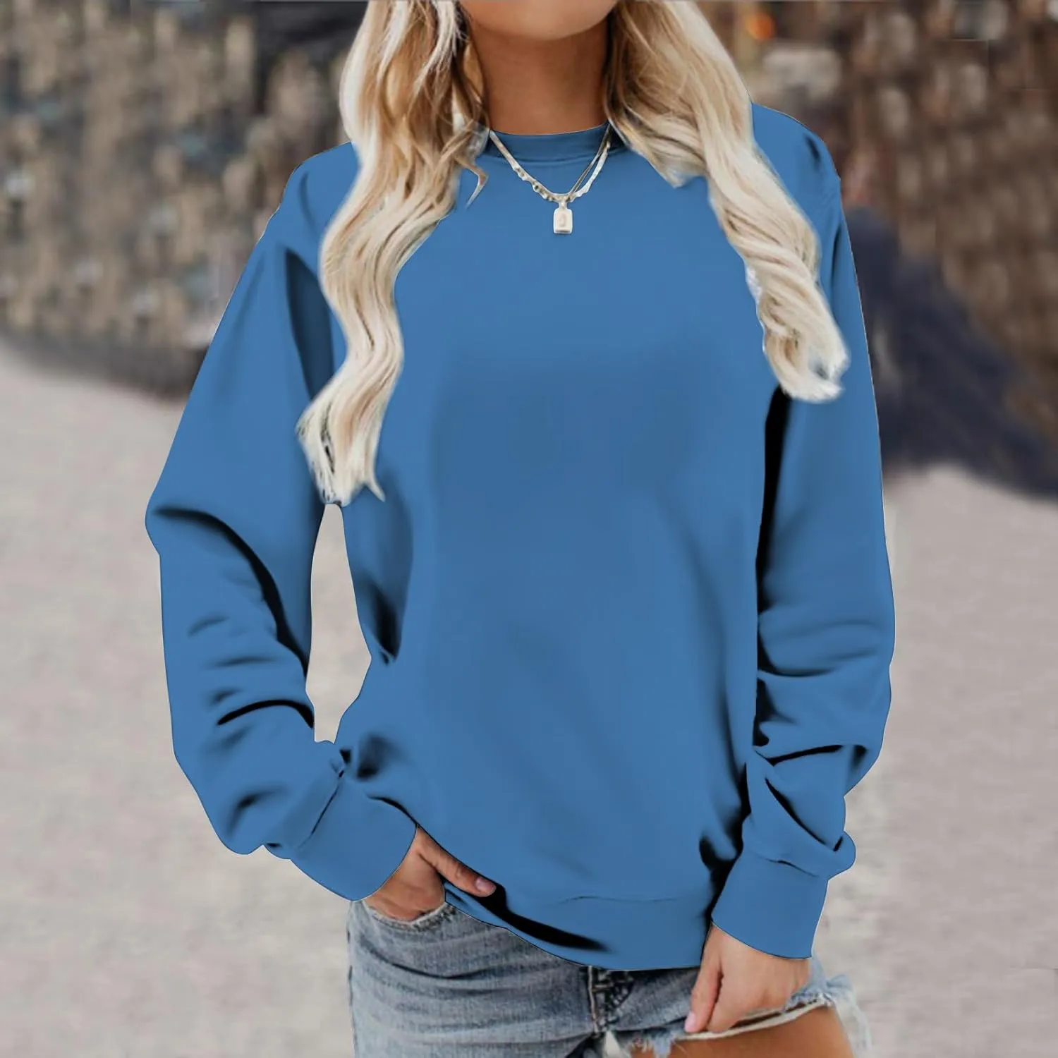 DOLKFU Womens Crewneck Loose Fit Sweatshirt Trendy Solid Color Pullover Tops Long Sleeve Casual Sweatshirts