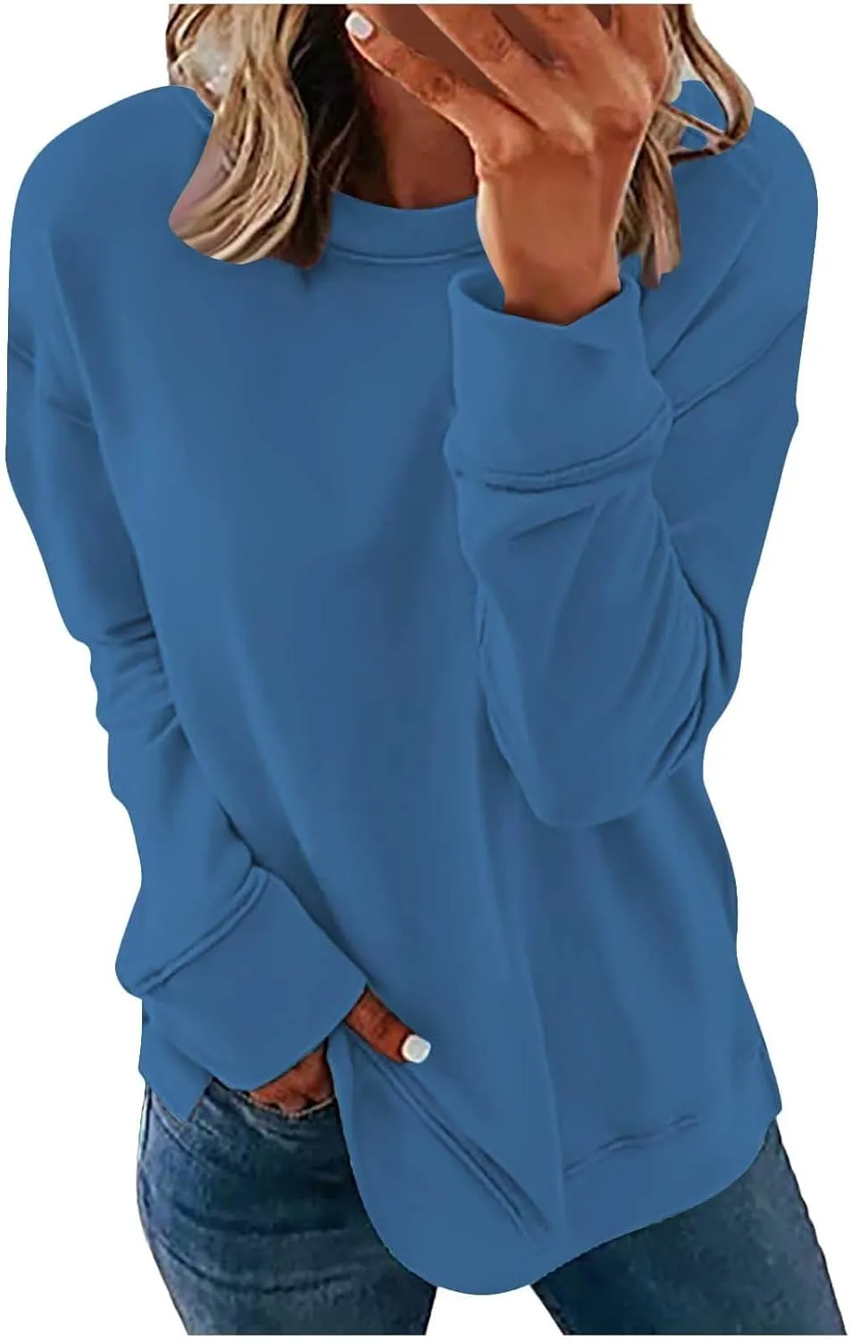 DOLKFU Womens Crewneck Loose Fit Sweatshirt Trendy Solid Color Pullover Tops Long Sleeve Casual Sweatshirts