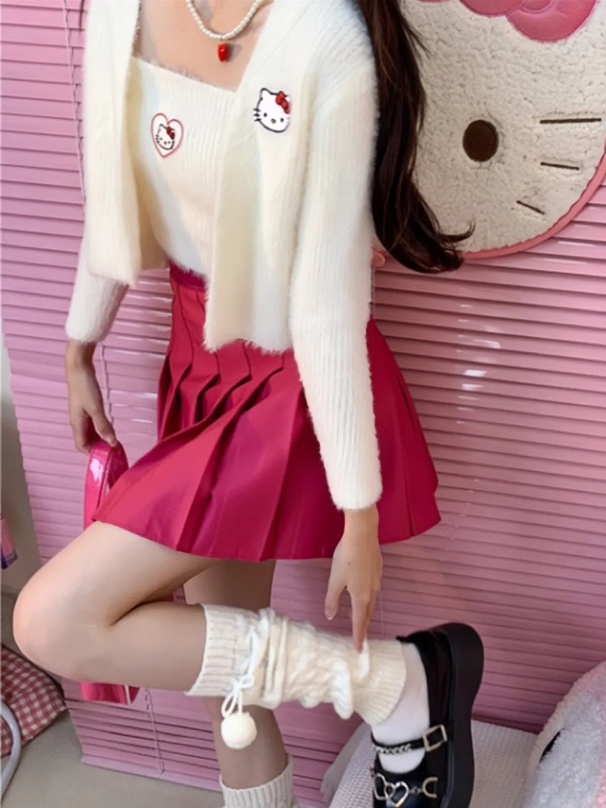 Dopamine Cute Hello Kitty Japanese High Waist Slim A-line Pleated Skirt