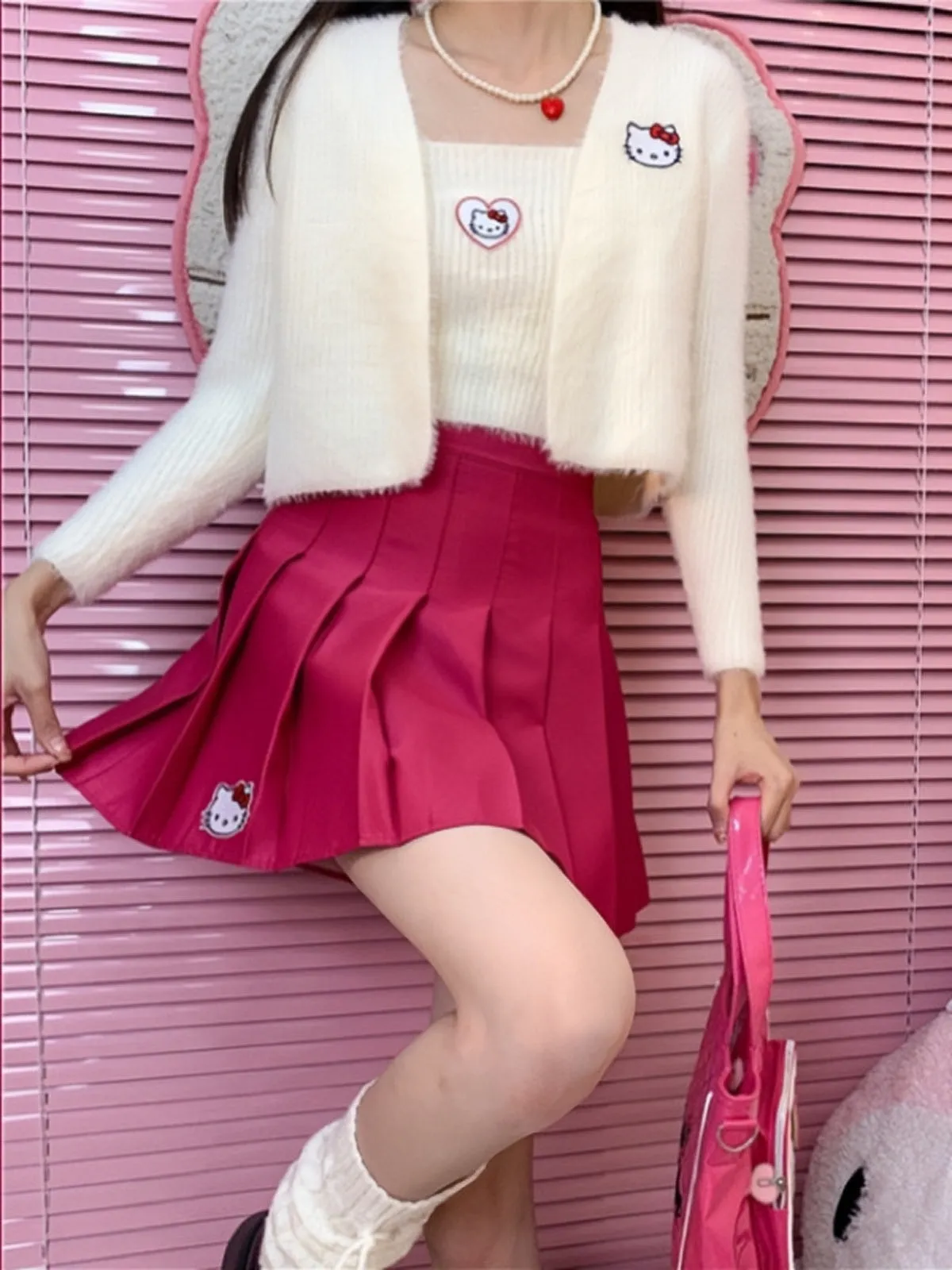 Dopamine Cute Hello Kitty Japanese High Waist Slim A-line Pleated Skirt