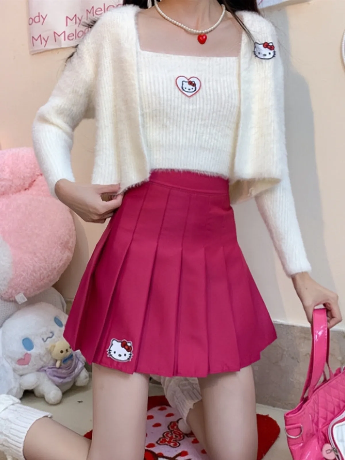 Dopamine Cute Hello Kitty Japanese High Waist Slim A-line Pleated Skirt