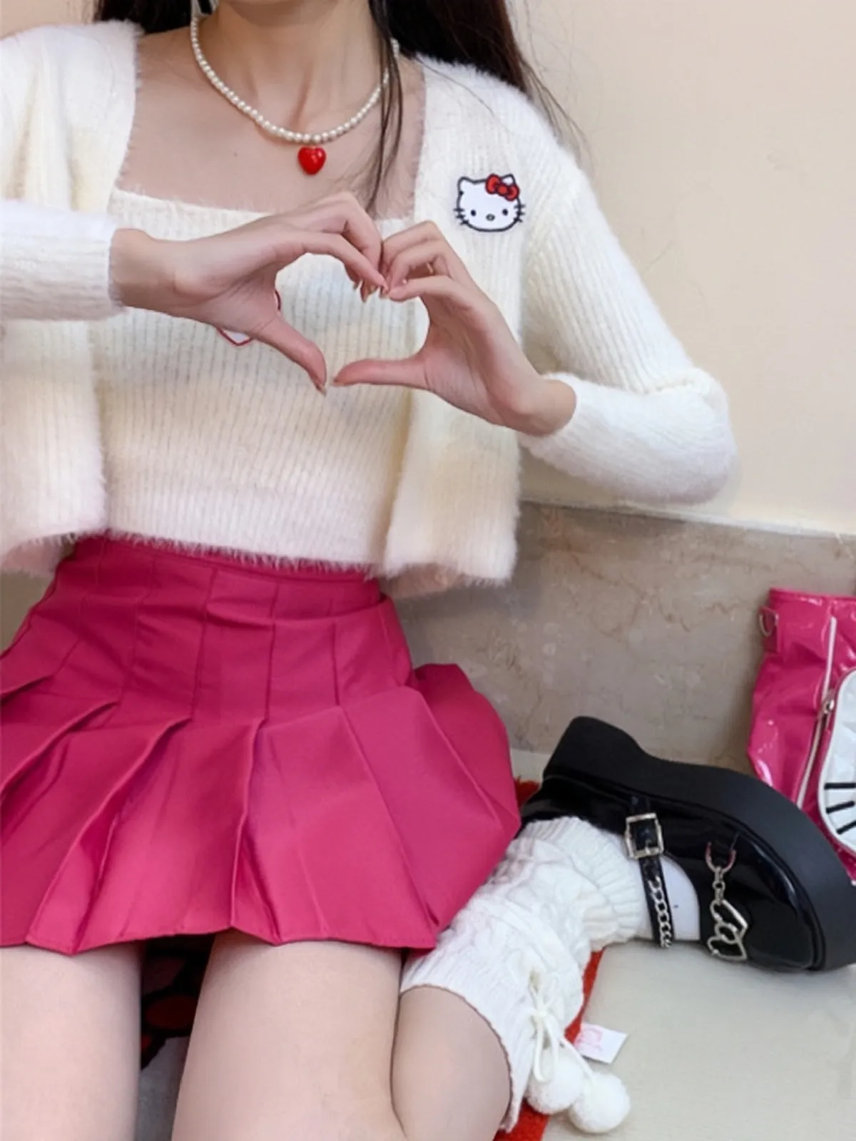 Dopamine Cute Hello Kitty Japanese High Waist Slim A-line Pleated Skirt