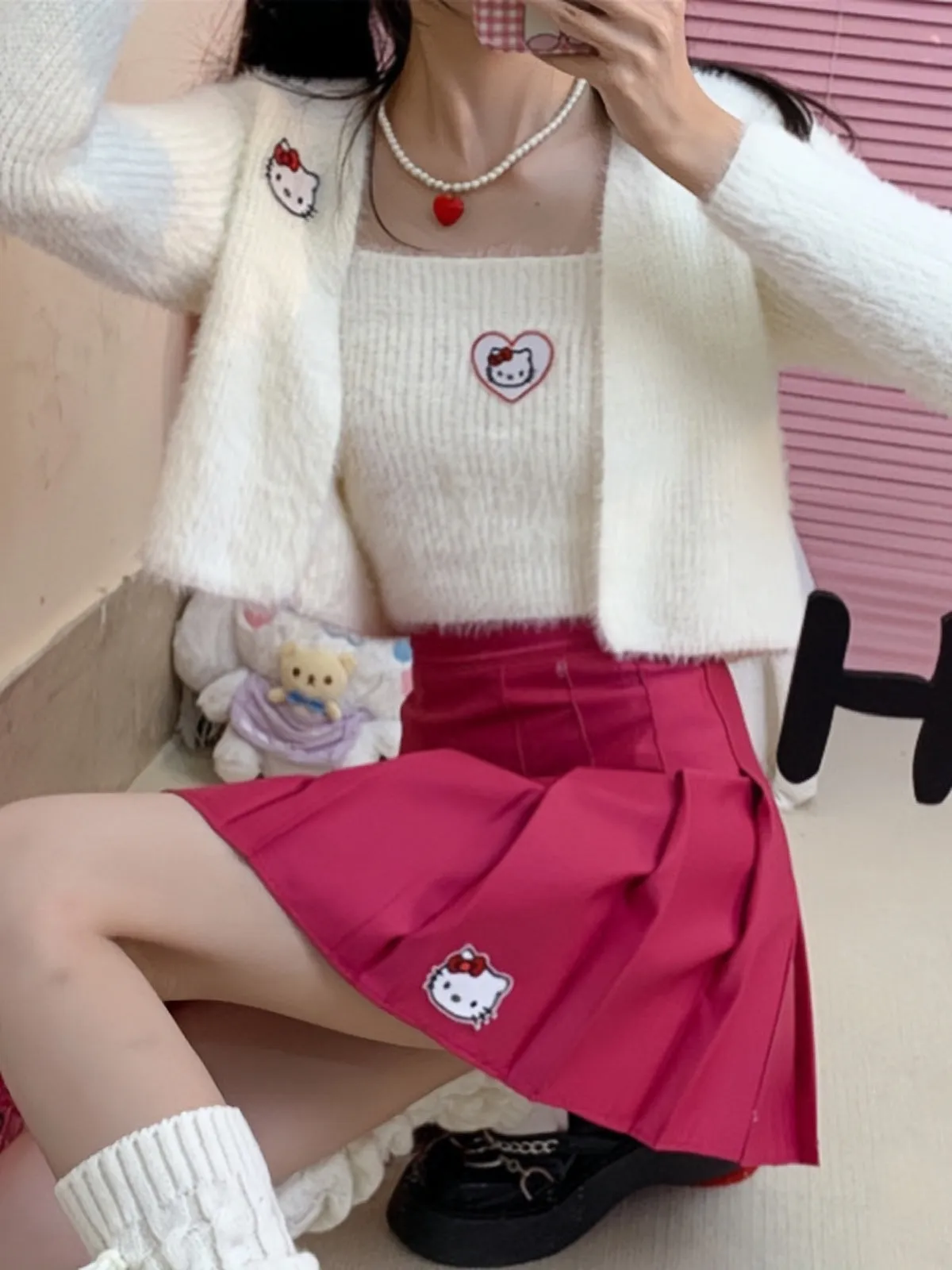 Dopamine Cute Hello Kitty Japanese High Waist Slim A-line Pleated Skirt