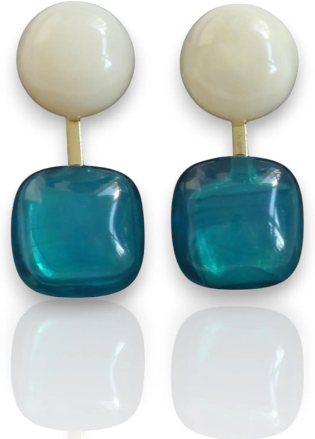 Double Drop Earrings, White Pearl Stud with Turquoise Square Crystal, Gold-Tone Metal, Summer Minimalist Blue Earrings