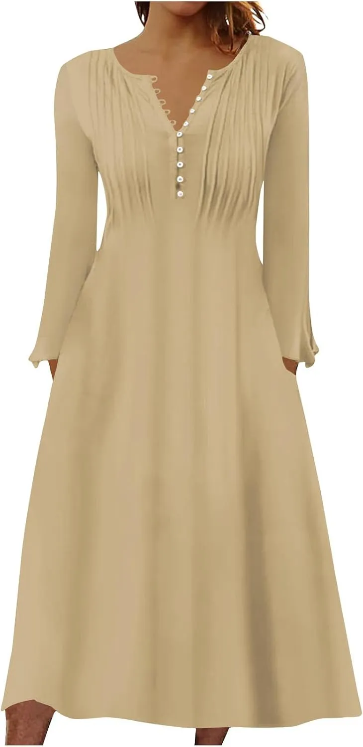Dresses for Women Casual Trendy Plus Size Long Sleeve Midi Dress Sexy V Neck Button Down Summer Fall Flowy Dress