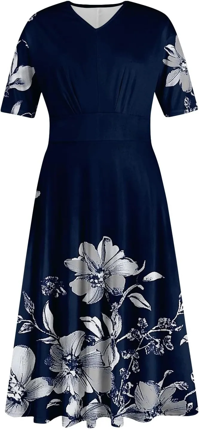 Dresses for Women Crewneck Printed Dresses Short Sleeve High Waist Dress Boho Vintage Midi Dress Trendy Flowy Dress