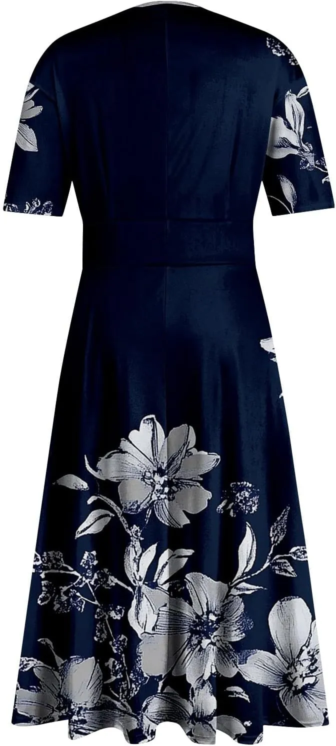 Dresses for Women Crewneck Printed Dresses Short Sleeve High Waist Dress Boho Vintage Midi Dress Trendy Flowy Dress