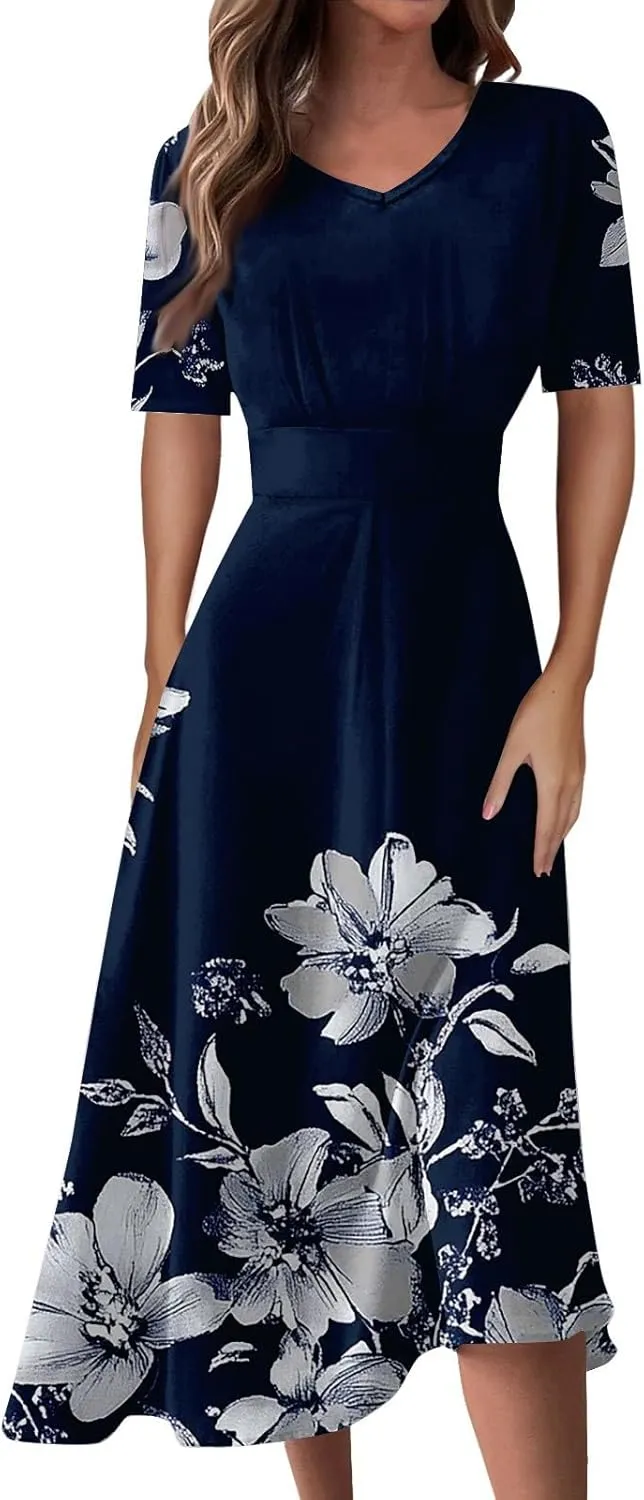 Dresses for Women Crewneck Printed Dresses Short Sleeve High Waist Dress Boho Vintage Midi Dress Trendy Flowy Dress
