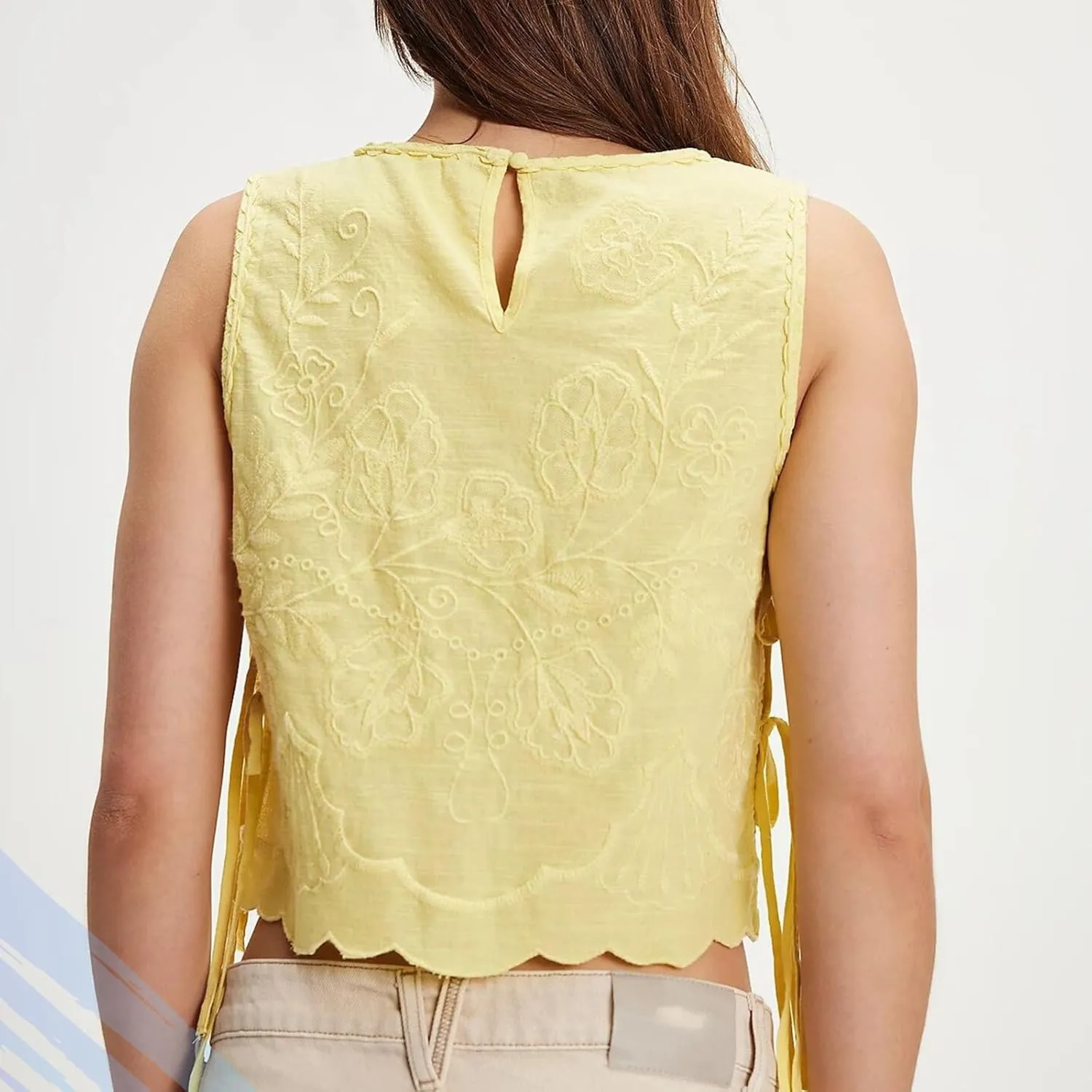 Embroidery Flower Tank Tops for Women,Y2k Side Tie Crop Vest Cami Shirt, Summer Chic Going Out Blouse