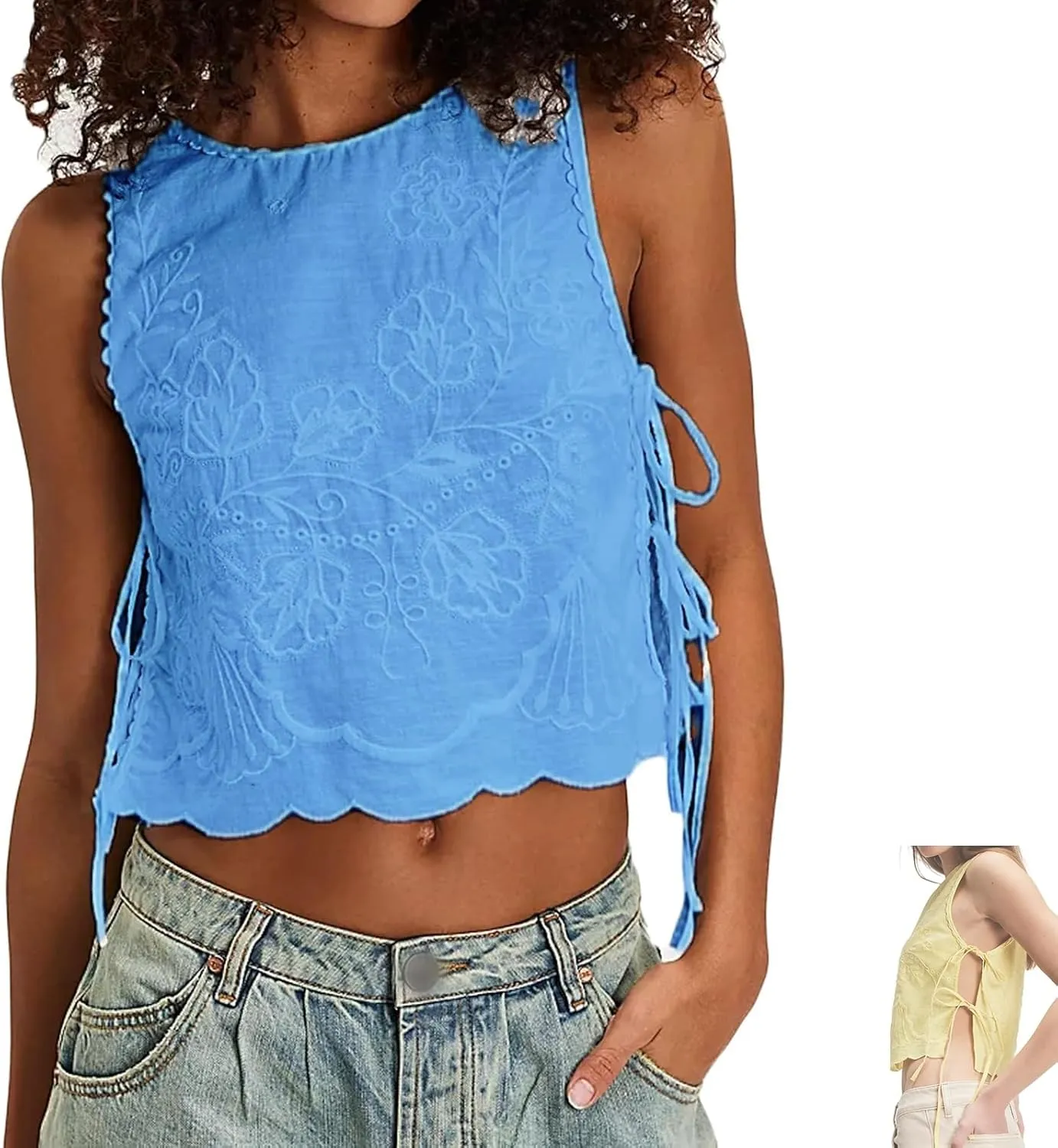 Embroidery Flower Tank Tops for Women,Y2k Side Tie Crop Vest Cami Shirt, Summer Chic Going Out Blouse