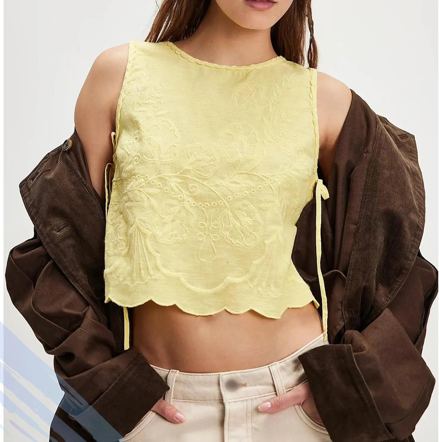 Embroidery Flower Tank Tops for Women,Y2k Side Tie Crop Vest Cami Shirt, Summer Chic Going Out Blouse