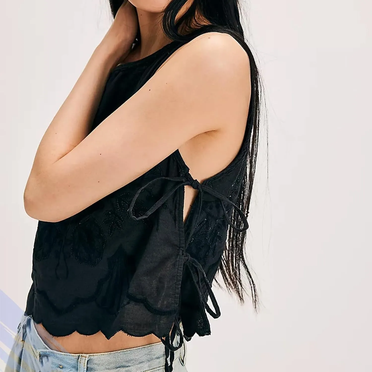Embroidery Flower Tank Tops for Women,Y2k Side Tie Crop Vest Cami Shirt, Summer Chic Going Out Blouse