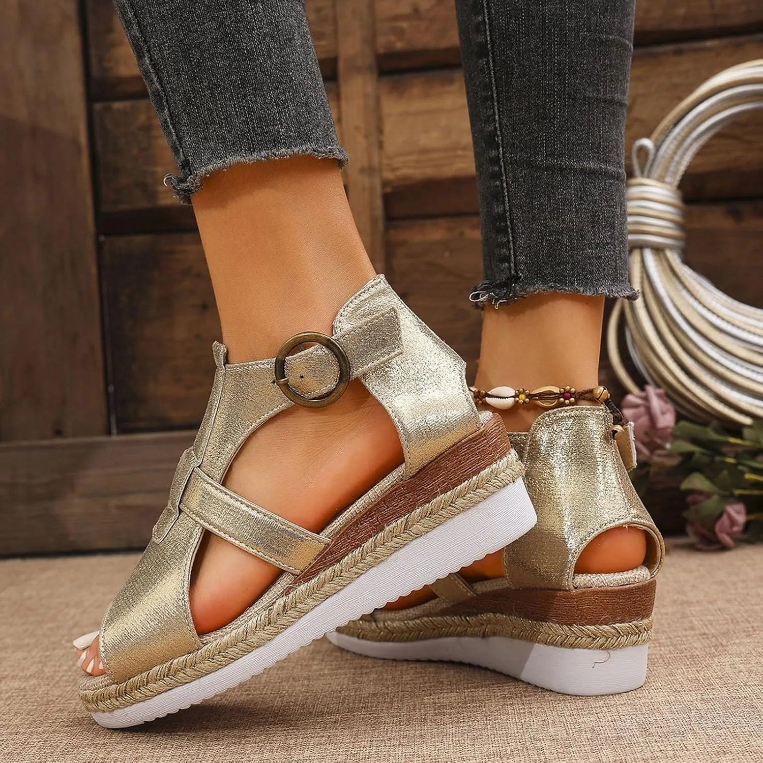 Espadrilles Wedges for Women with Arch Support Open Toe Slip On Orthopedic Sandals Wide Width Adjustable Buckle Summer Slides
