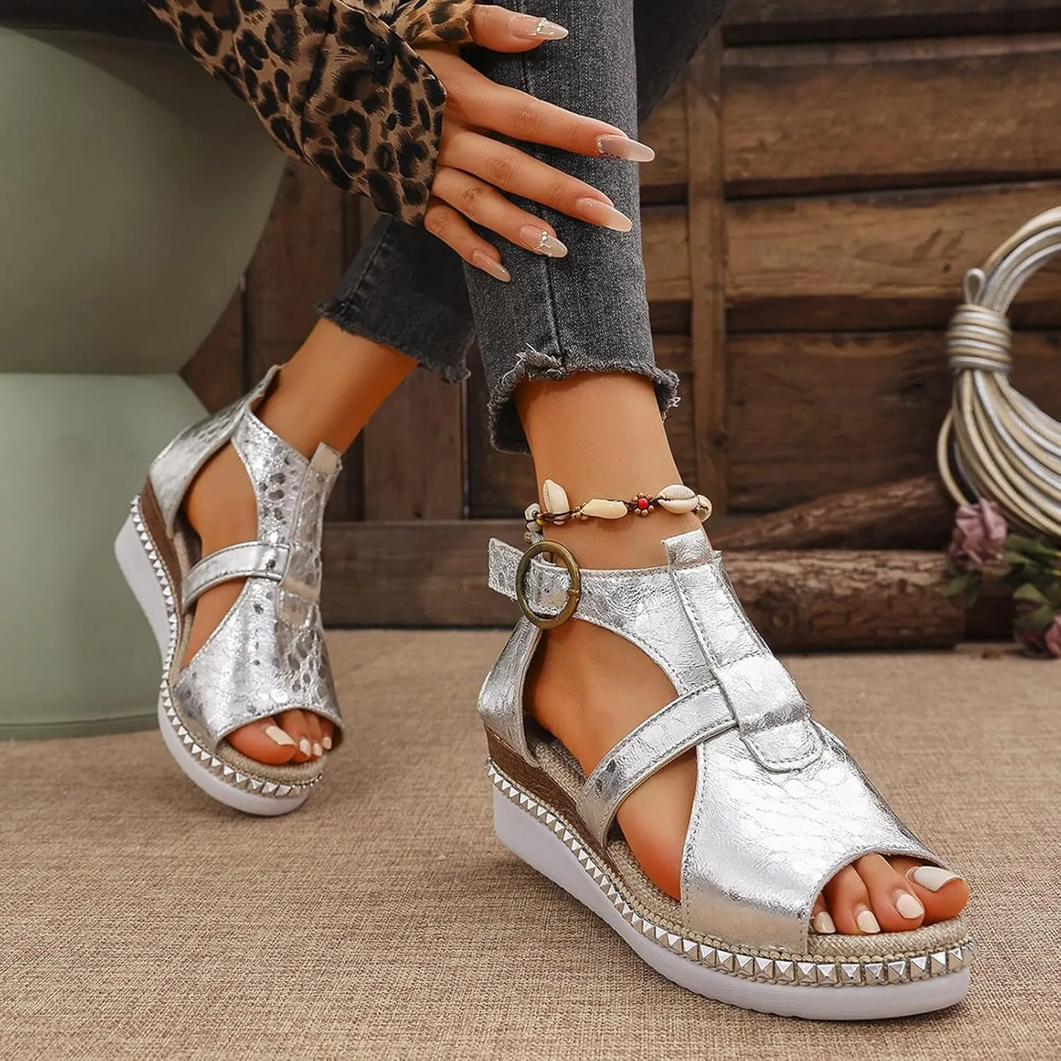 Espadrilles Wedges for Women with Arch Support Open Toe Slip On Orthopedic Sandals Wide Width Adjustable Buckle Summer Slides