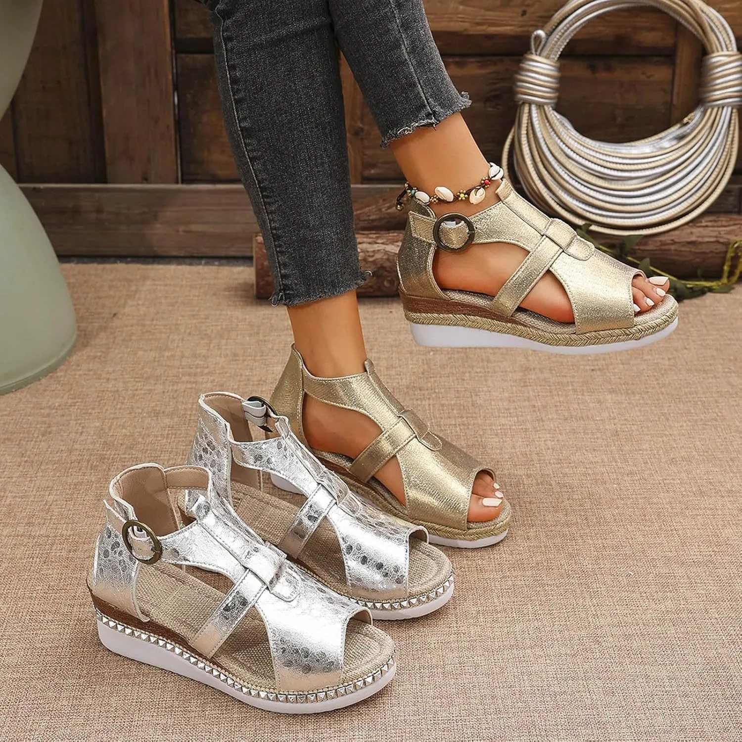 Espadrilles Wedges for Women with Arch Support Open Toe Slip On Orthopedic Sandals Wide Width Adjustable Buckle Summer Slides