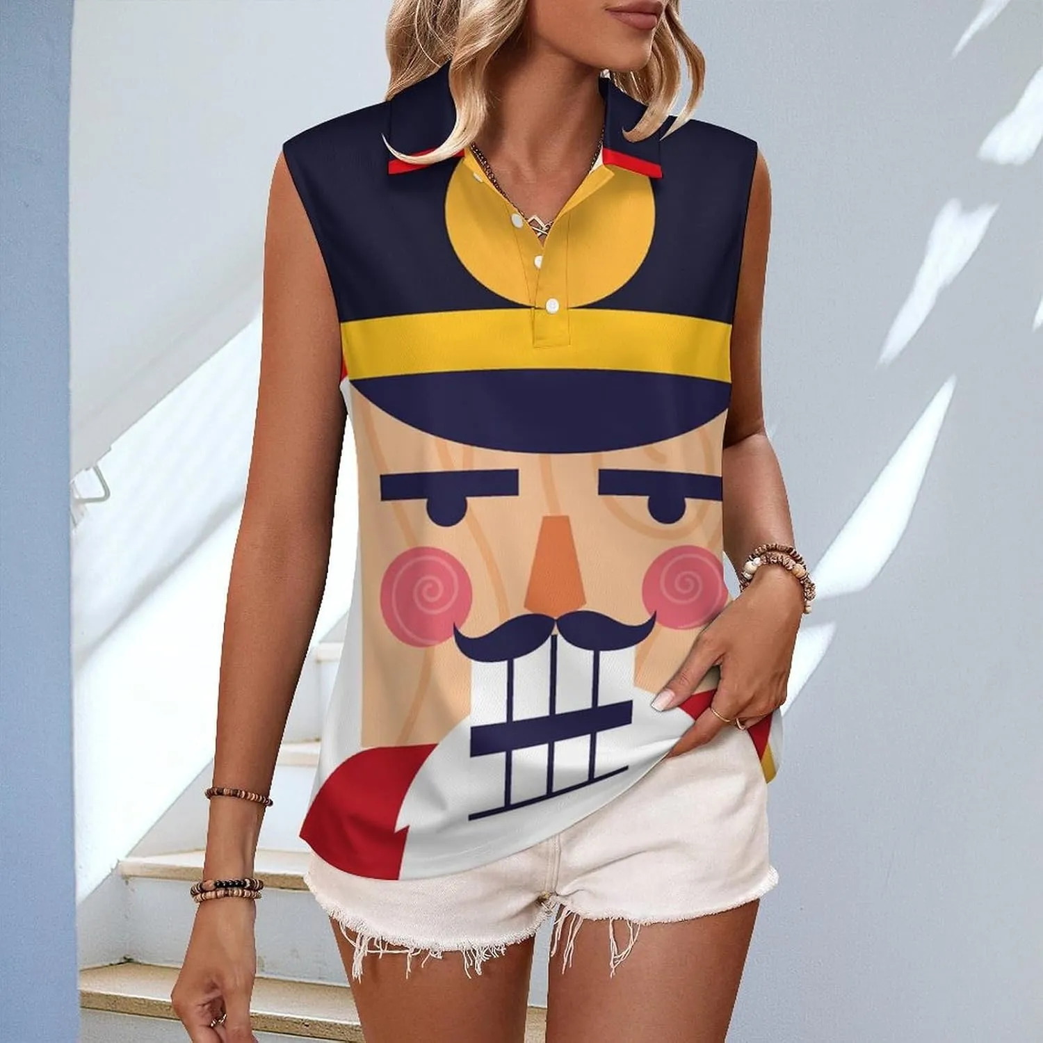 Face Nutcracker Soldier Women's Sleeveless Golf Polo Shirts Athletic Tank Tops