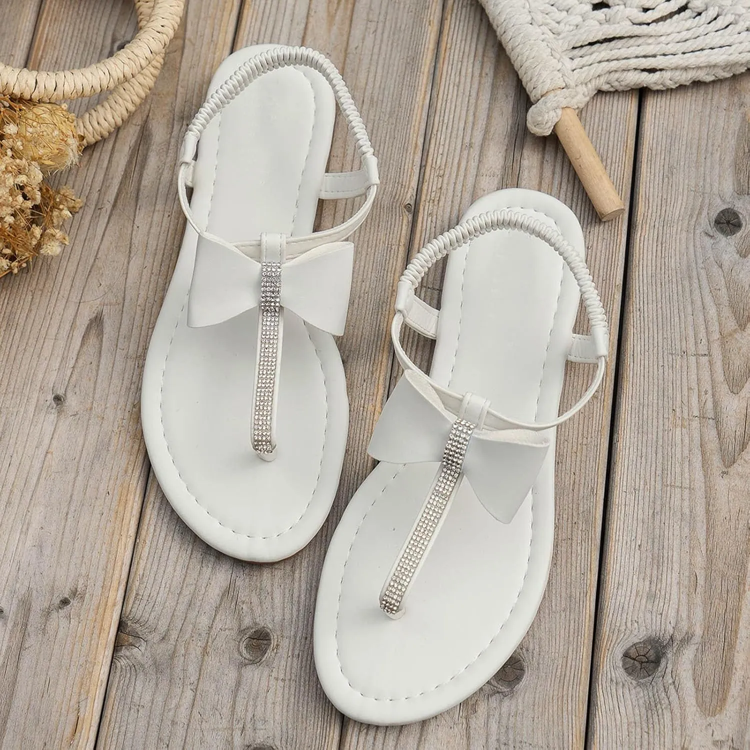 Flat Sandals for Women Dressy Summer Comfortable Ankle Strap Beach Sandals Flip Flops Open Toe Bow Bohemian Sandals
