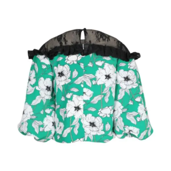 FLORAL PRINT PUFF SLEEVE BLOUSE WITH CHANTILY LACE AS YOKE AND RUFFLE