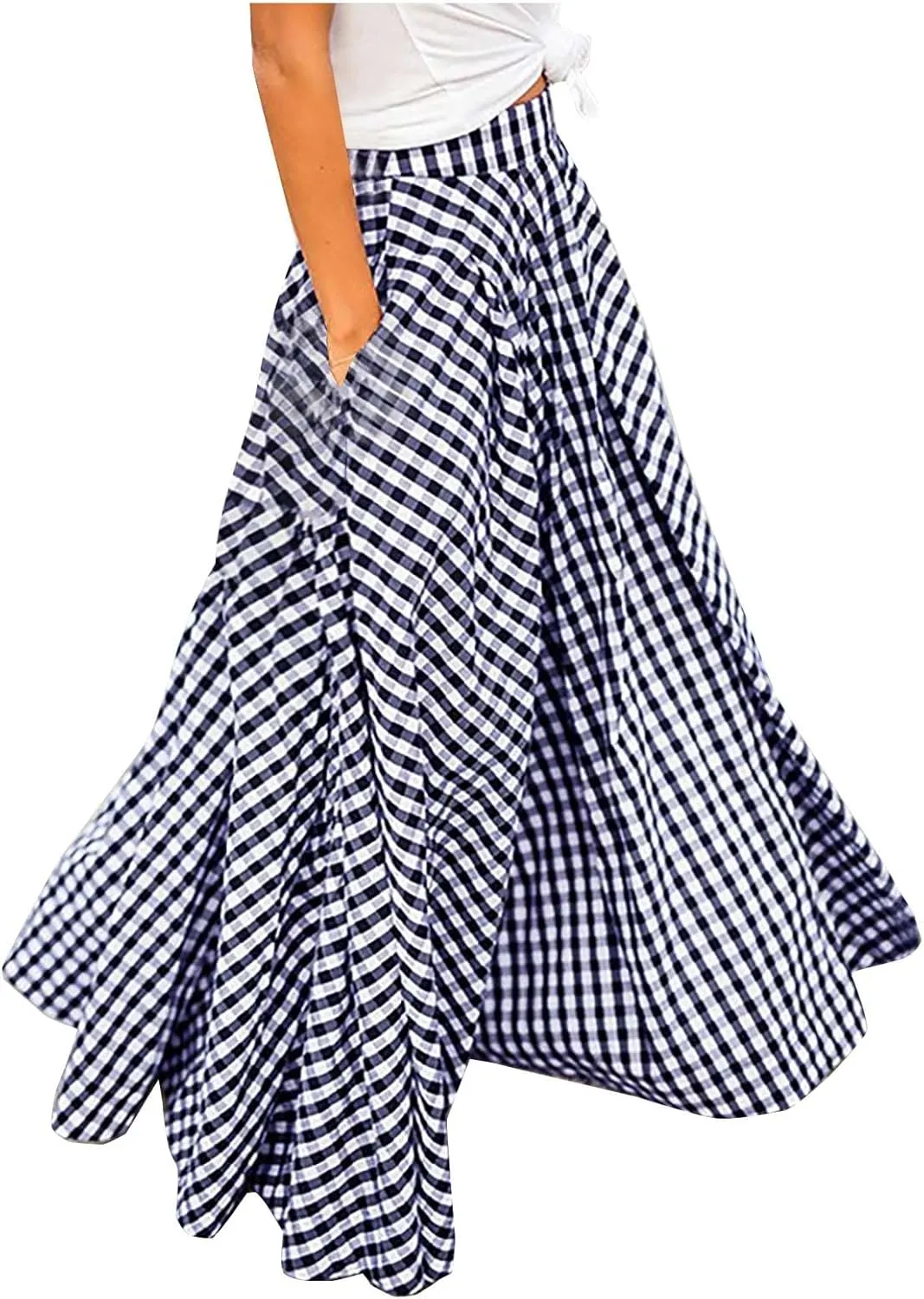 Generic Ladies Plaid High Cut Maxi Long Loose Fit Skirt for Women Chiffon 2024