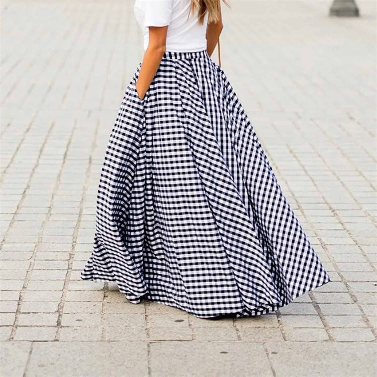 Generic Ladies Plaid High Cut Maxi Long Loose Fit Skirt for Women Chiffon 2024