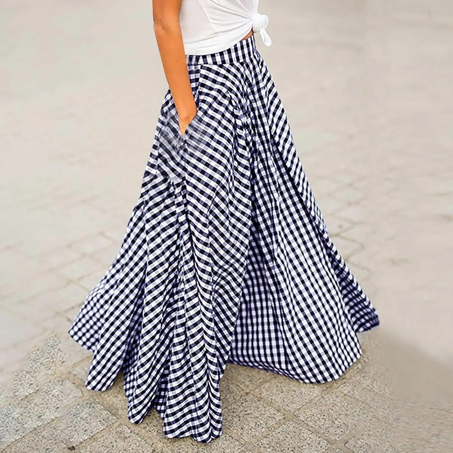 Generic Ladies Plaid High Cut Maxi Long Loose Fit Skirt for Women Chiffon 2024