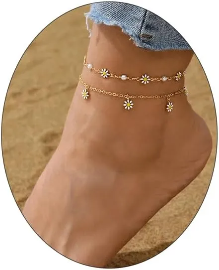 GIGB PBDK Layered Gold Daisy Sunflowers Anklets for Women, Boho Pearl Floral Paperclip Chain Link Bracelets Anklets, Ideal Holiday Gift for Women