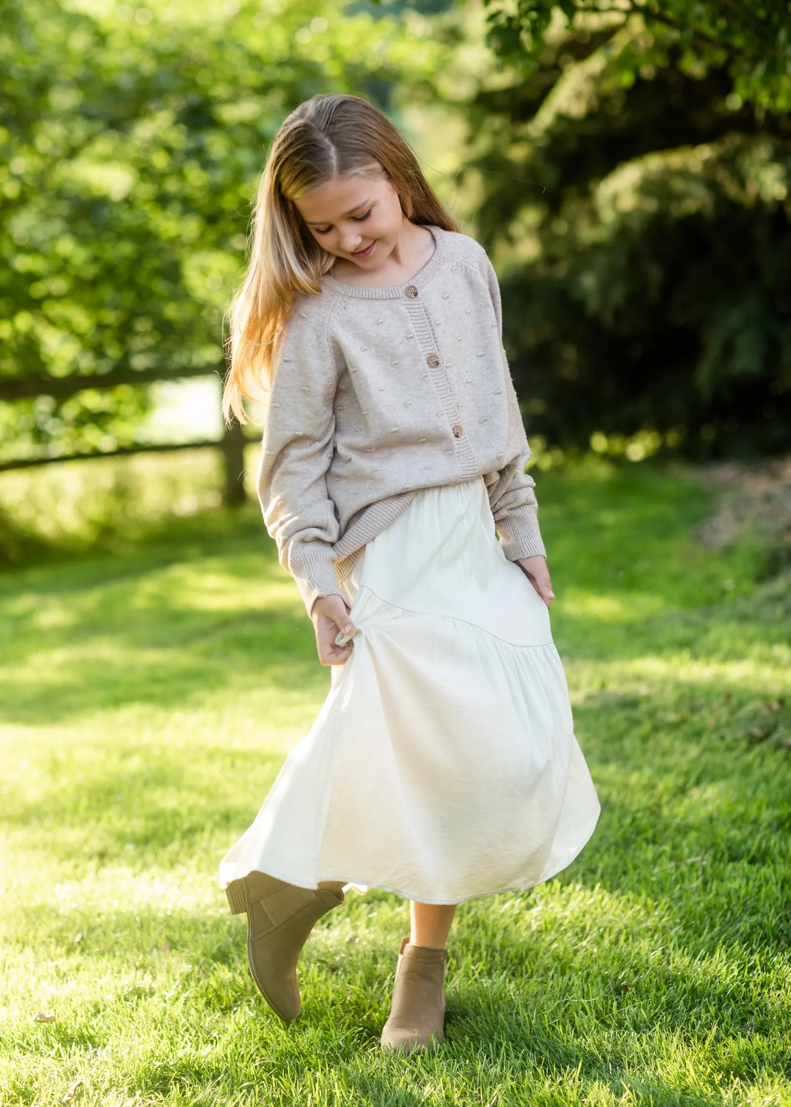 Girls Beige Asymmetric Seam Midi Skirt - FINAL SALE