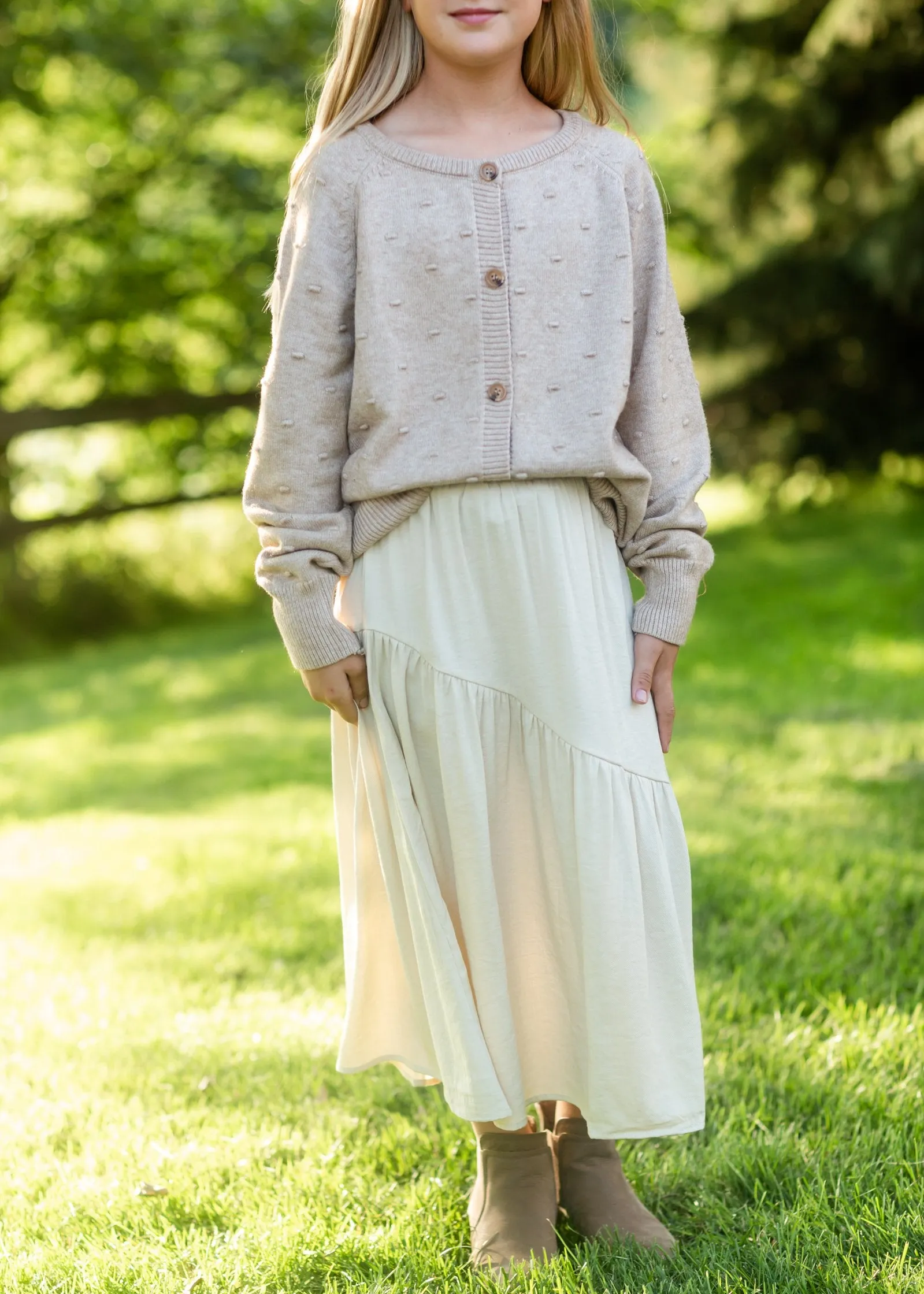 Girls Beige Asymmetric Seam Midi Skirt - FINAL SALE