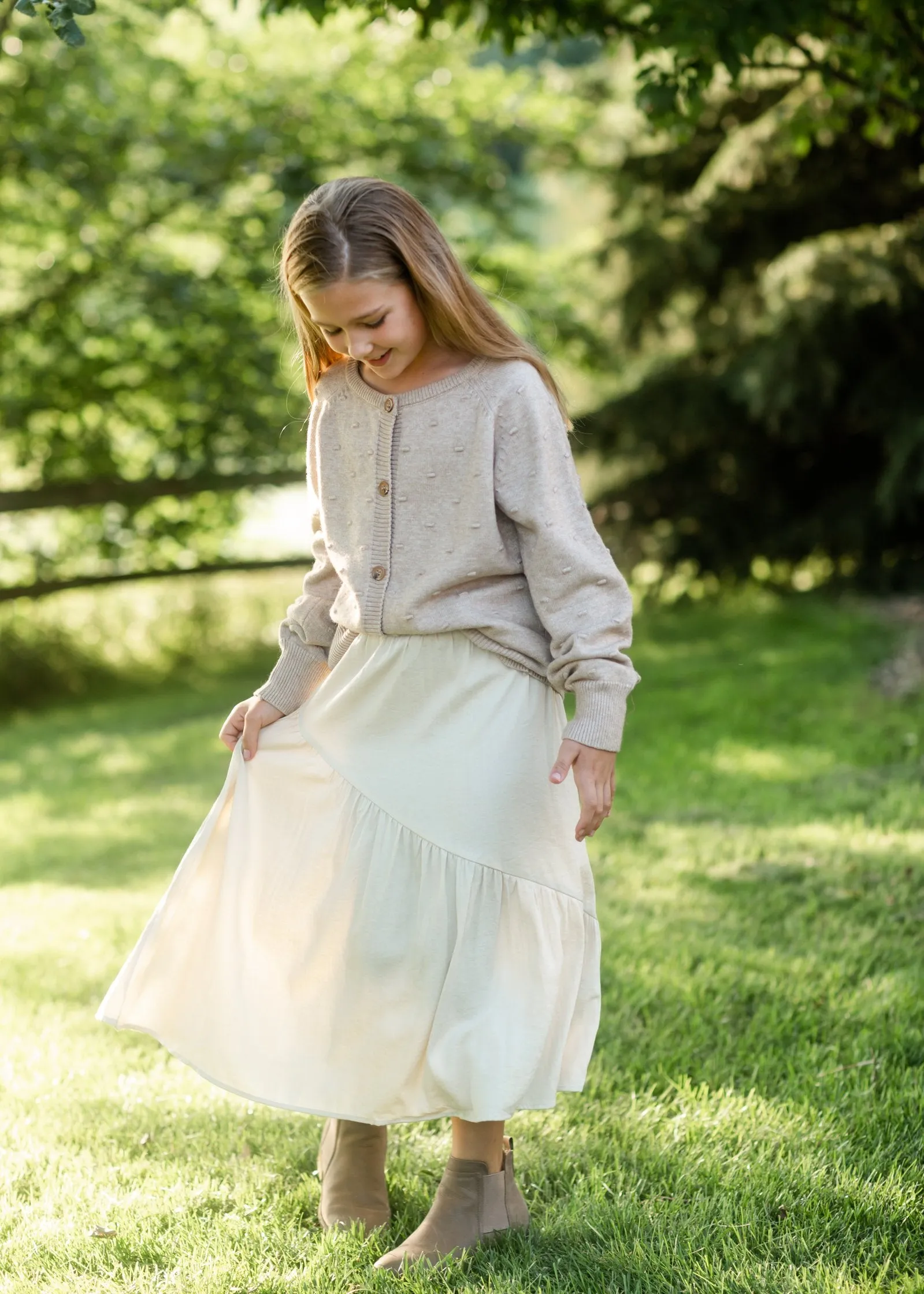 Girls Beige Asymmetric Seam Midi Skirt - FINAL SALE
