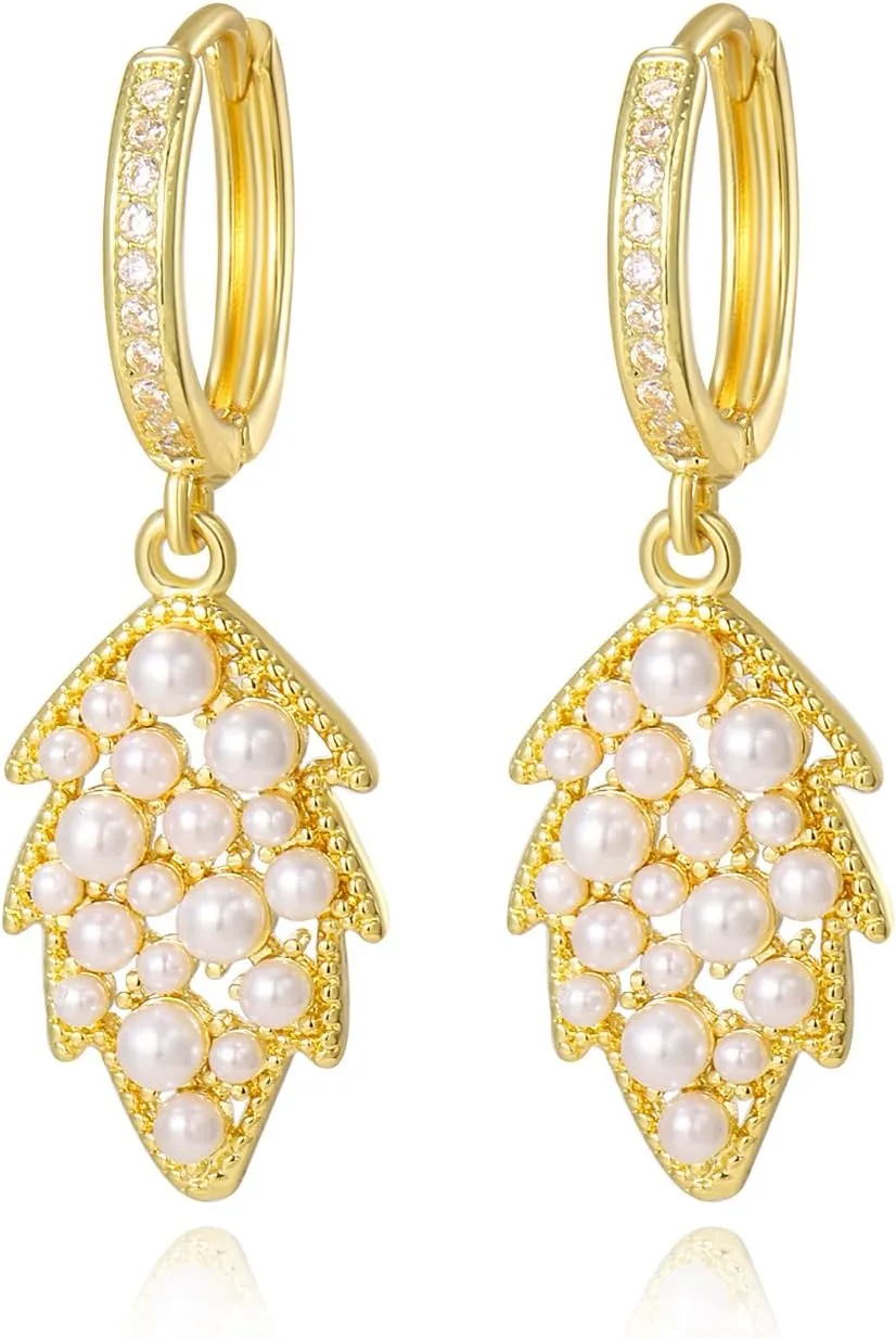 Gold Hoop Earring for Women Trendy 14K Gold Plated Hoop Earrings Huggie Leaf Earrings Pearl Dangle Earrings Jewelry Gifts for Women