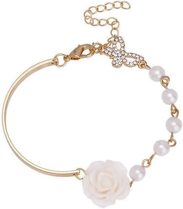 Gold Pearl Butterfly Red Rose Beaded Bracelet Chain Bangle,Women`s White Flower Floral Bracelet Chain Bangle Wrap Cuff for Trendy Jewelry Accessories