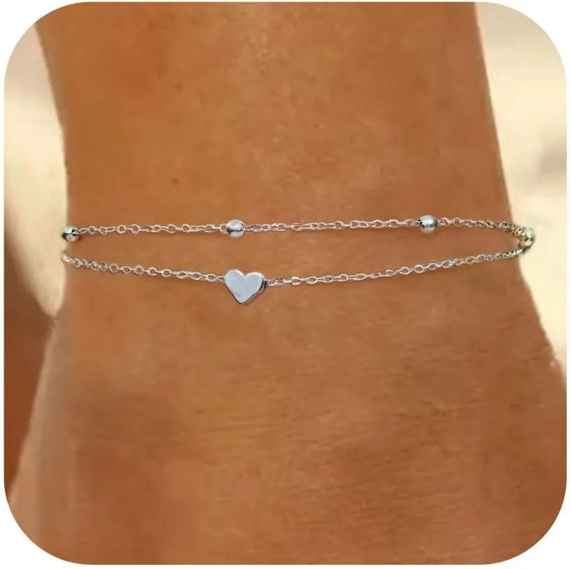Gold/Silver Anklets for Women, 14K Gold Plated Anklets for Women Waterproof Beads Cuban Herringbone Tennis Paperclip Ankle Bracelets Stack Set Summer Beach Foot Bracelets Gold Jewelry Gifts