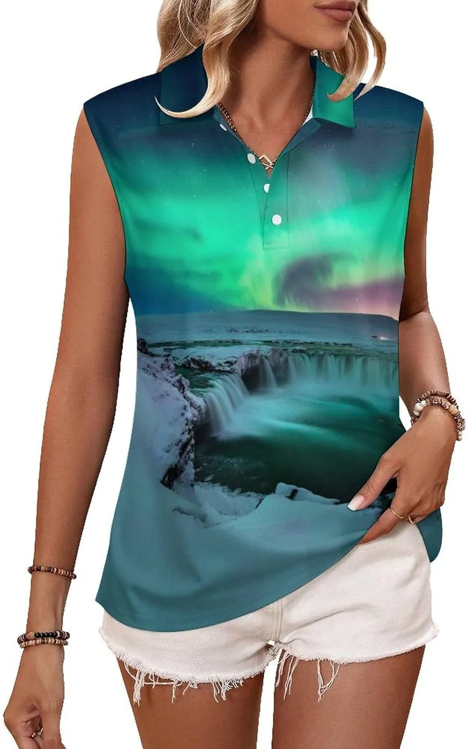 Green Northern Aurora Women's Sleeveless Golf Polo Shirts Athletic Tank Tops