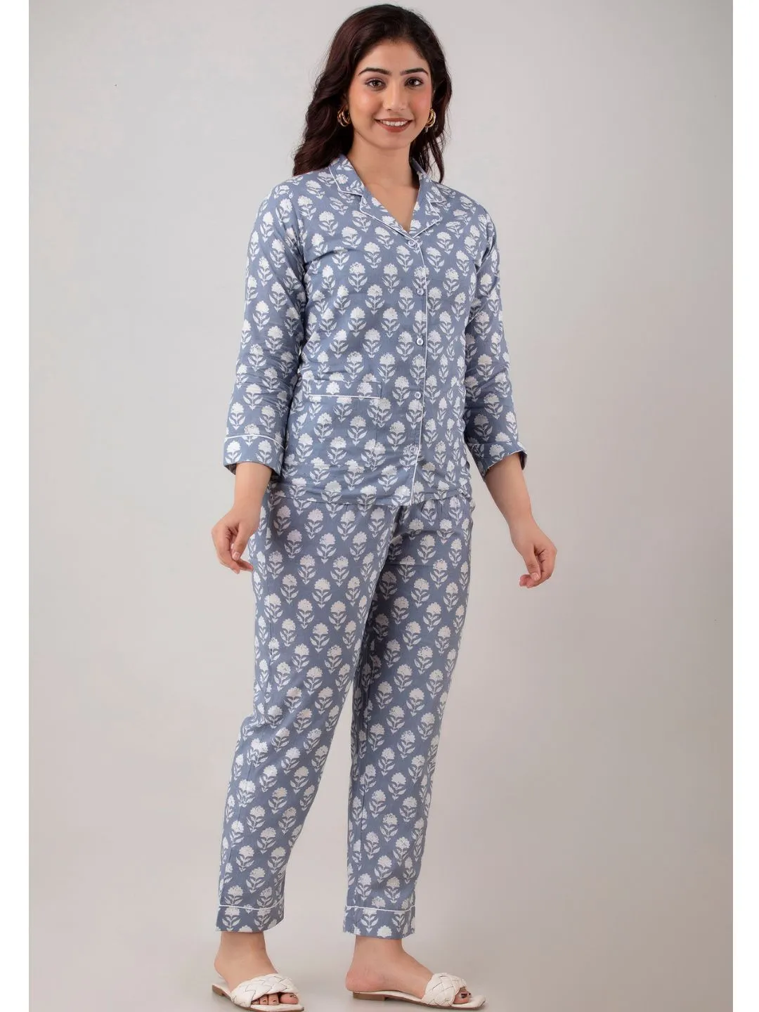 Grey Cotton Night Suit with Front Pocket