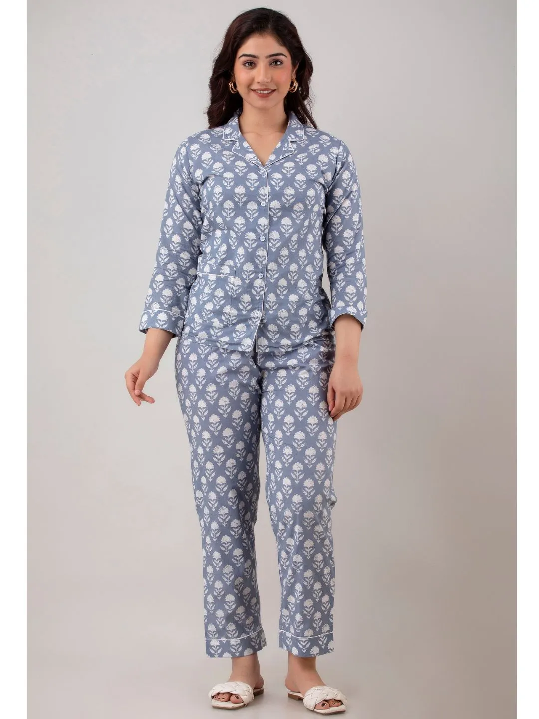 Grey Cotton Night Suit with Front Pocket