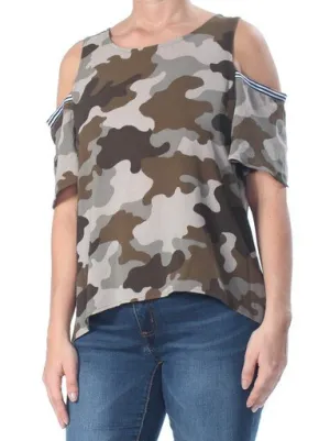 GYPSIES and MOONDUST Womens Green Cold Shoulder Camouflage Short Sleeve, Large