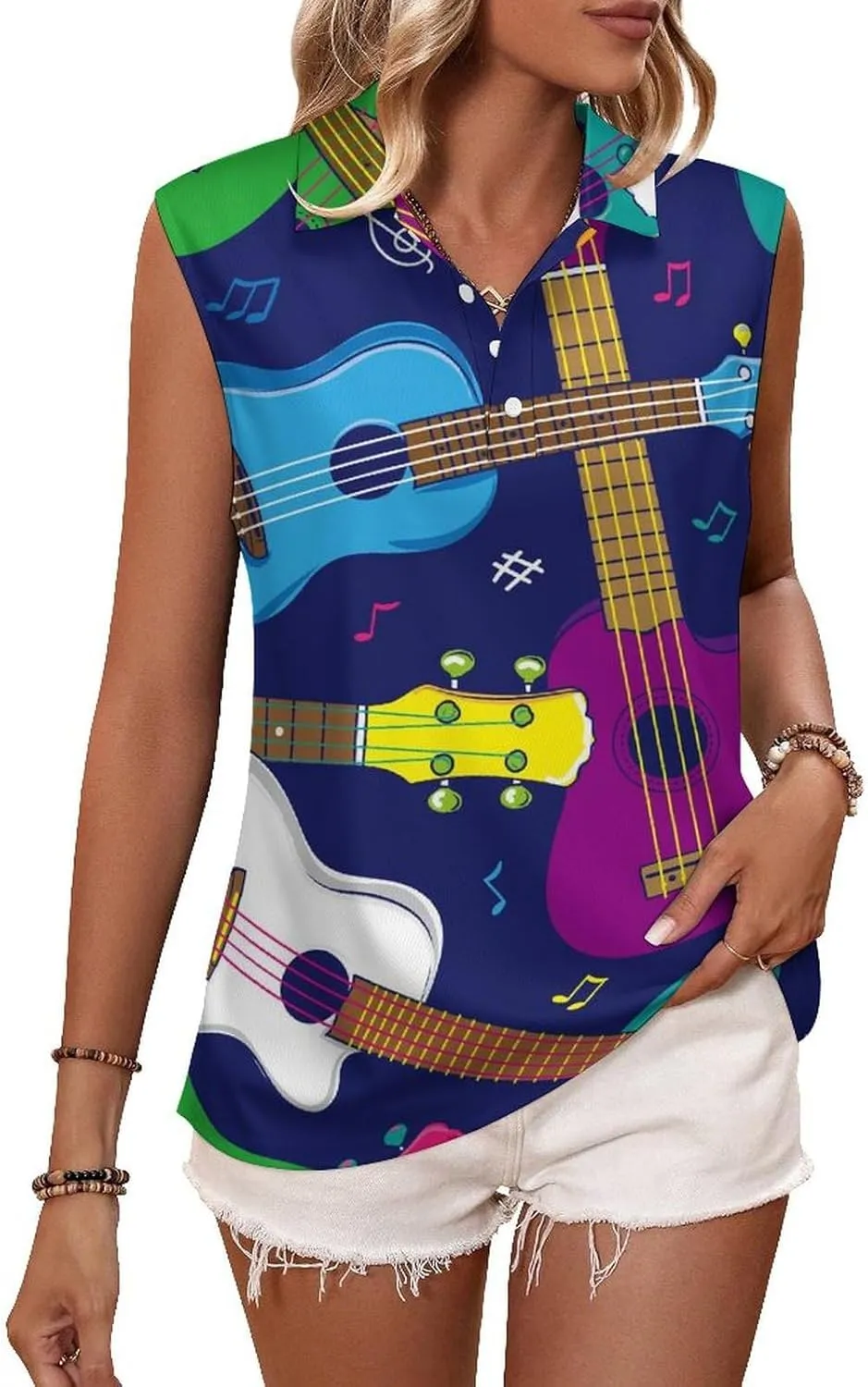 Hawaiian Beginner Ukulele Women's Sleeveless Golf Polo Shirts Athletic Tank Tops