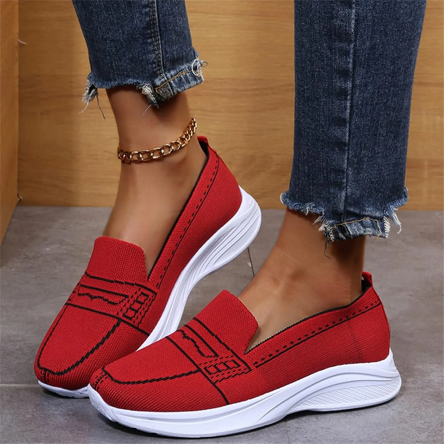 Hbeylia Womens Knitted Mesh Sneakers Air Cushion Trainers Women's Orthopedic Platform Arch Sneakers Breathable Non-Slip Slip On Walking Shoes Best Arch Support Shoes for Women