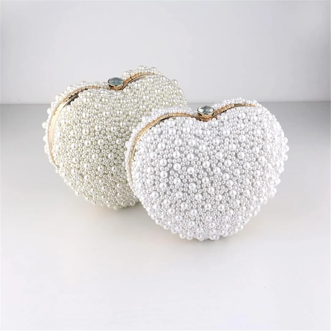 Heart Design Women Evening Bags Beaded Wedding Small Daily Clutch Bag Purse Shoulder Pearl Handbags