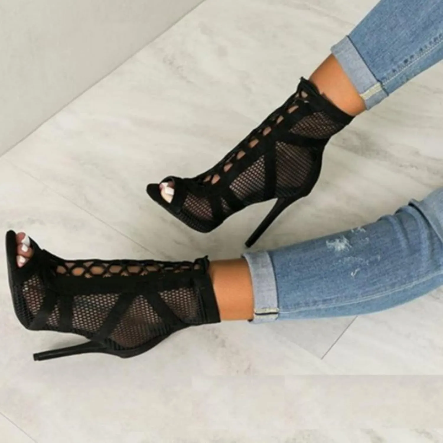 High Stilettos Heels Sandals for Women Fashion Peep Toe Sexy Dress Slippers Summer Breathable Mesh Shoes Ladies Lace Up Wedding Pumps Ankle Booties Classic Gladiator Footwear Open Toe Shoe