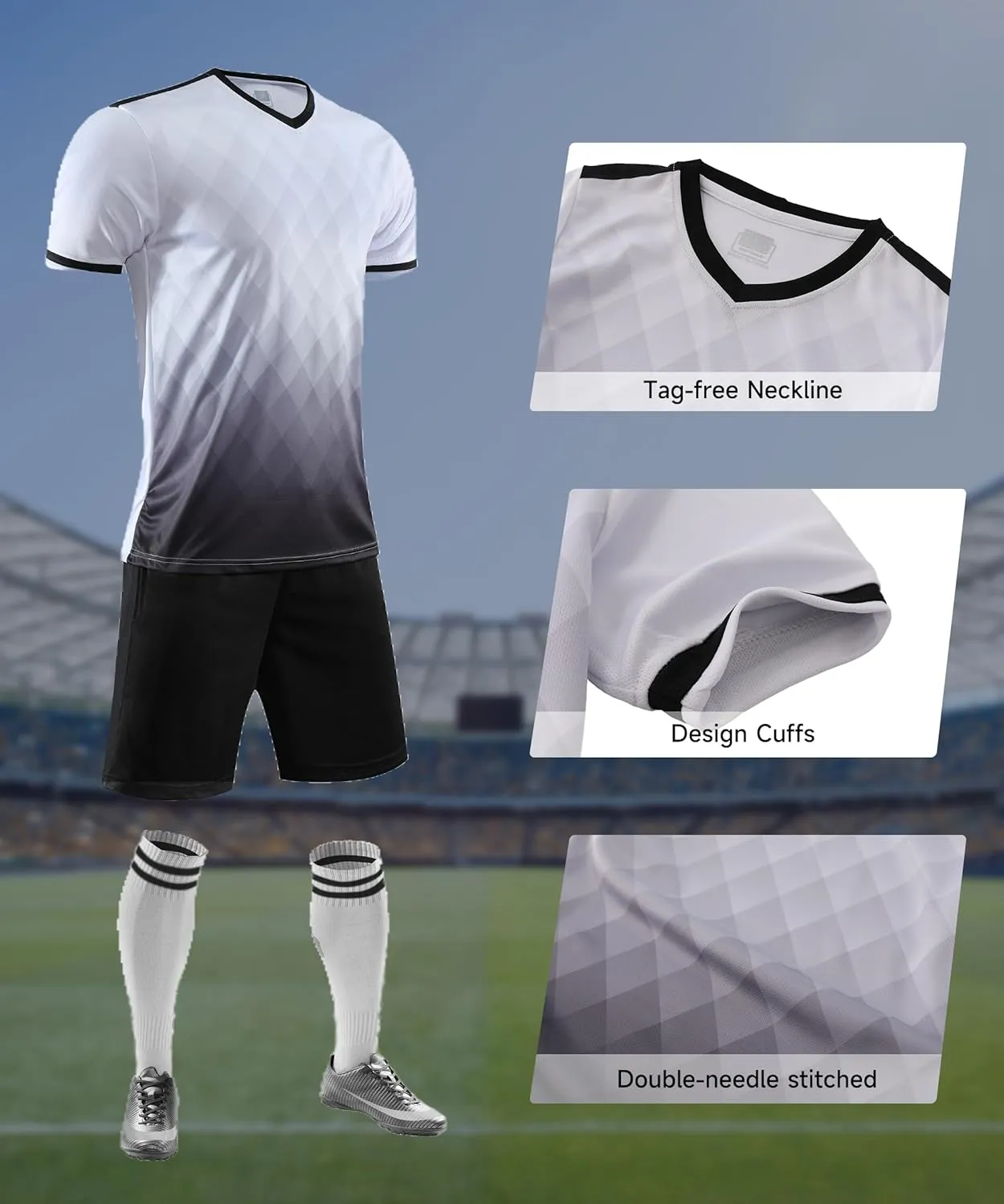 Hiheart Mens Soccer Jersey and Shorts with Socks Quick Dry Football Team Uniforms